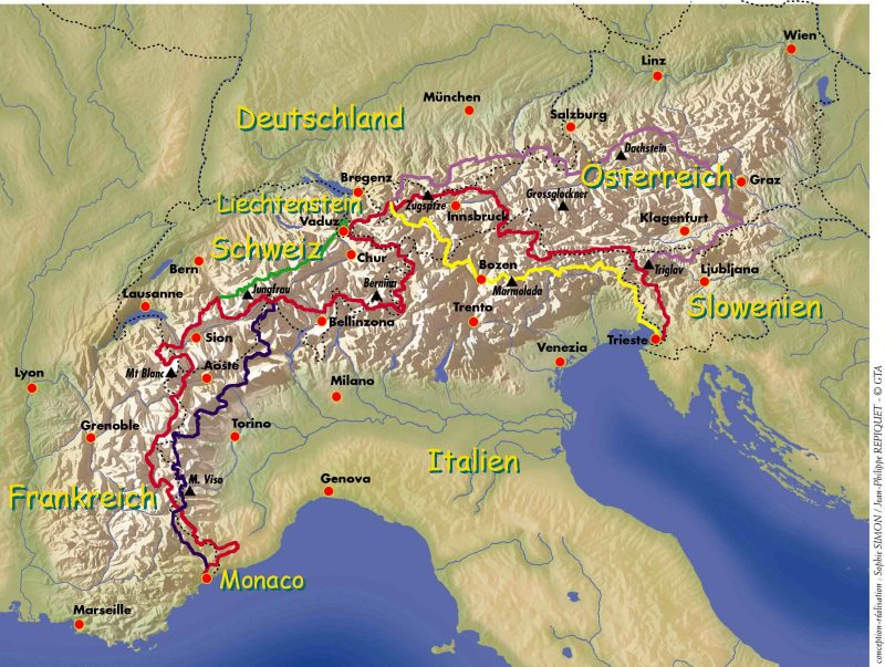 Fonte: Wikipedia. Mappa dei cinque itinerari della Via Alpina